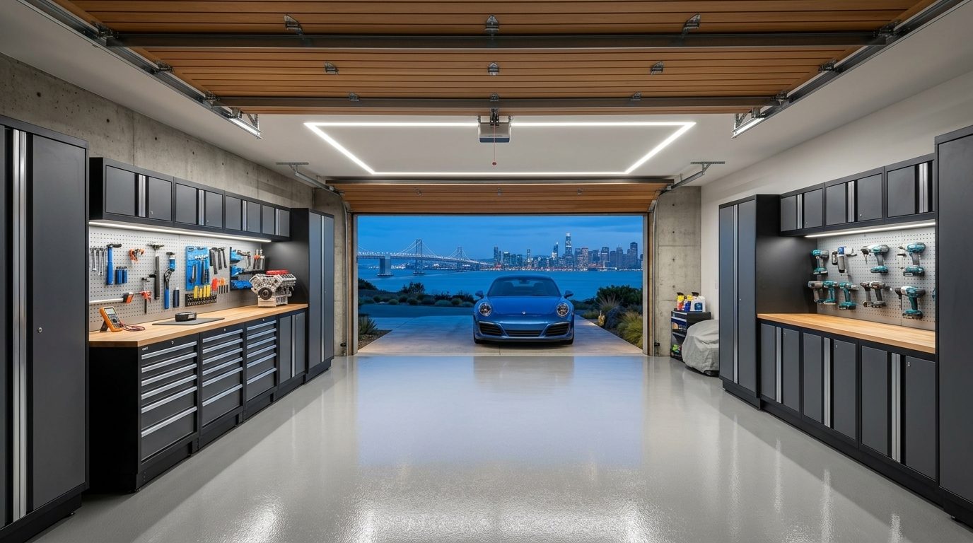 Hill Local Garage Door Interior View of Custom Garage Door Overhead and Workshop